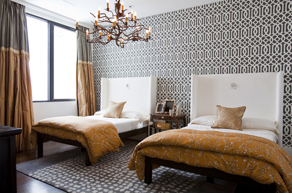 Coco’s Room.  Dramatic black / white pattern tempered by satiny fabrics in rust and pearl. Design by Lucinda Loya.